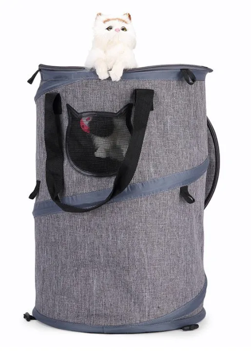 Fodable grey foldable pet carrier bag made of Oxford cloth, with top skylight and side storage pockets, 36x53cm size.