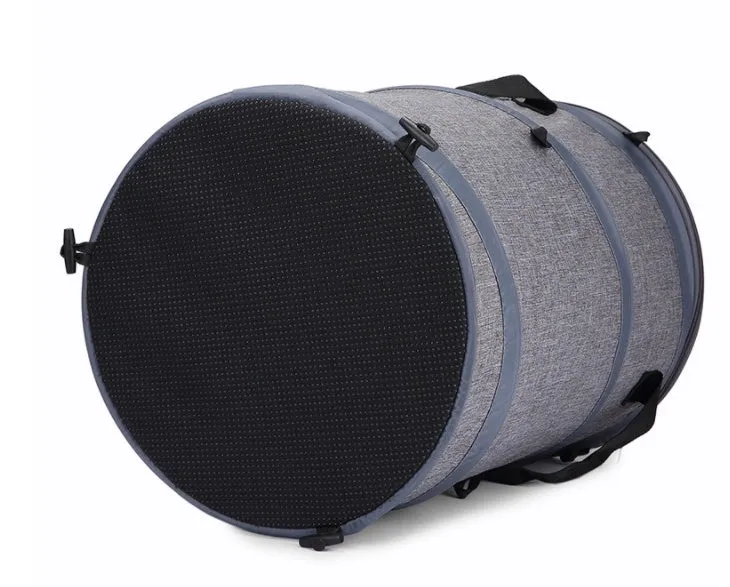 Fodable grey foldable pet carrier bag made of Oxford cloth, with top skylight and side storage pockets, 36x53cm size.