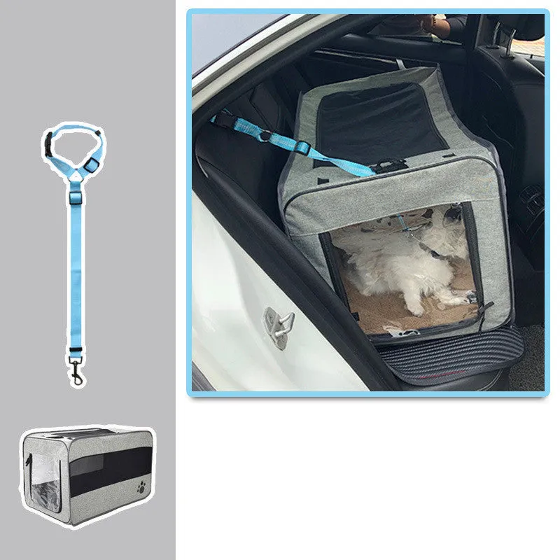 Gray folding pet travel carrier bag with mesh windows, seatbelt straps, and removable pad