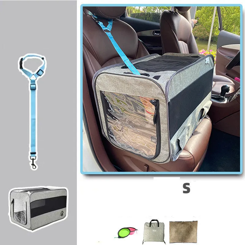 Gray folding pet travel carrier bag with mesh windows, seatbelt straps, and removable pad