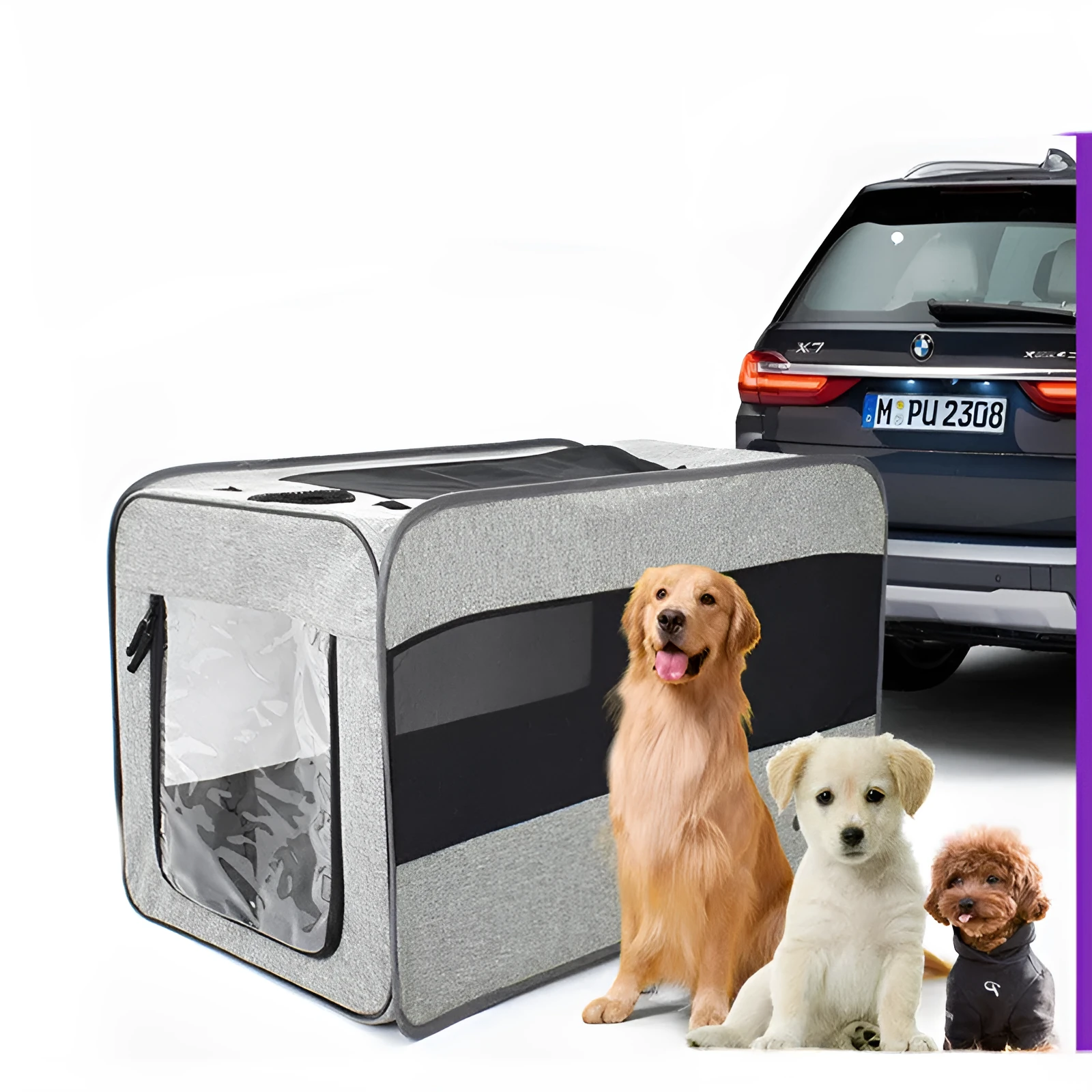 Gray folding pet travel carrier bag with mesh windows, seatbelt straps, and removable pad