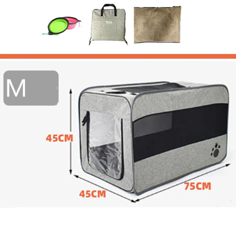 Gray folding pet travel carrier bag with mesh windows, seatbelt straps, and removable pad