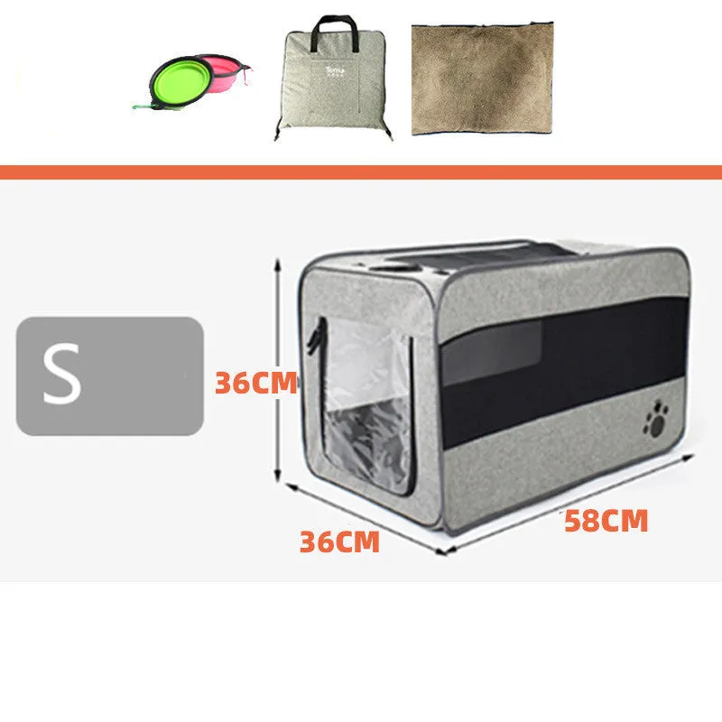 Gray folding pet travel carrier bag with mesh windows, seatbelt straps, and removable pad