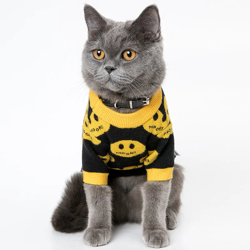Pure wool smile animal sweater for dogs and cats in black colour, knitted fabric