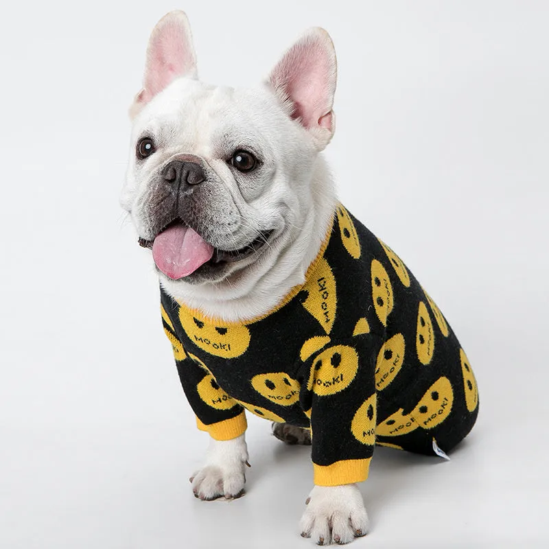 Pure wool smile animal sweater for dogs and cats in black colour, knitted fabric