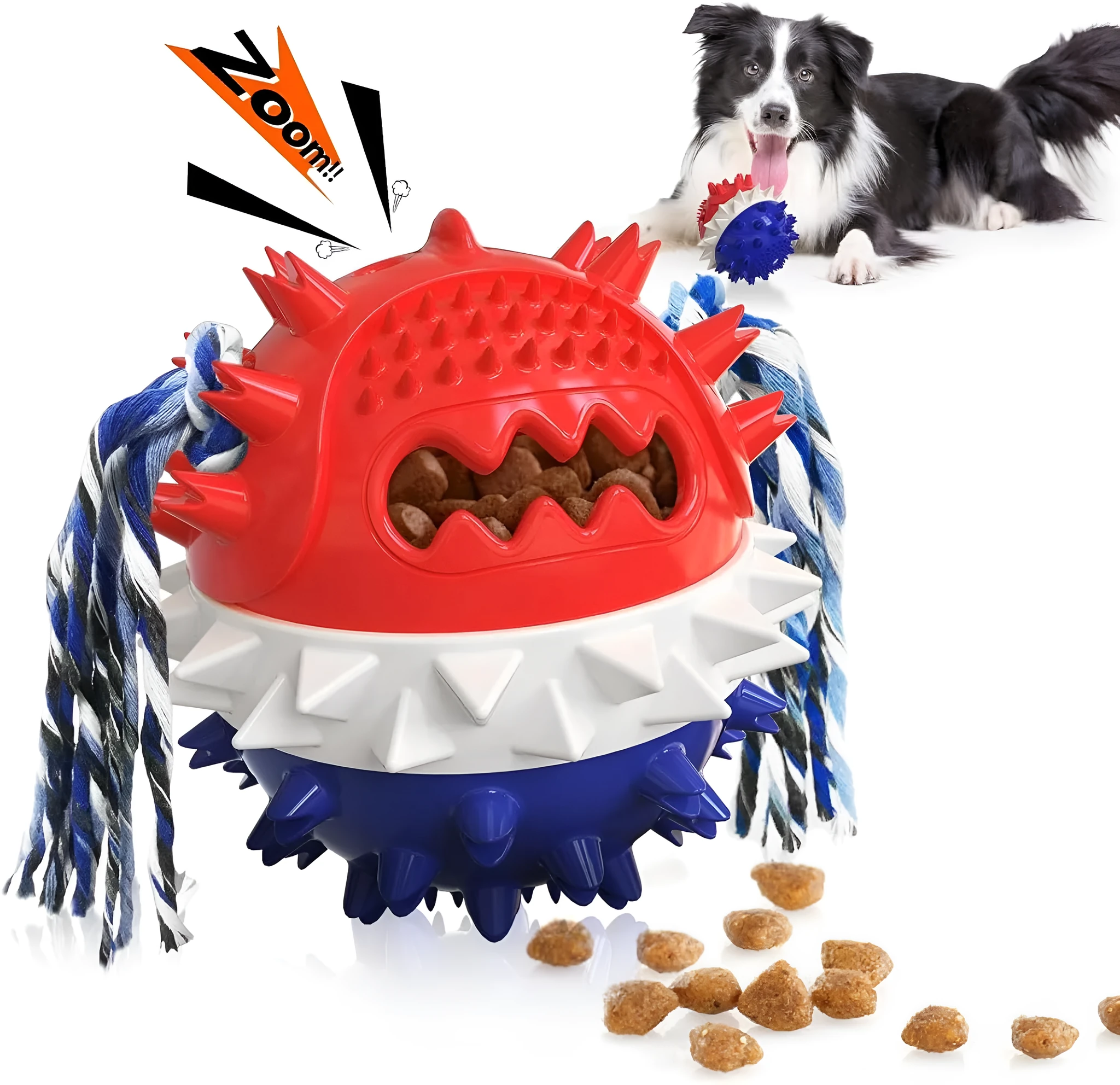 Blue and red TPR rubber dog chew ball with treat hole and rope, for large breed dogs.
