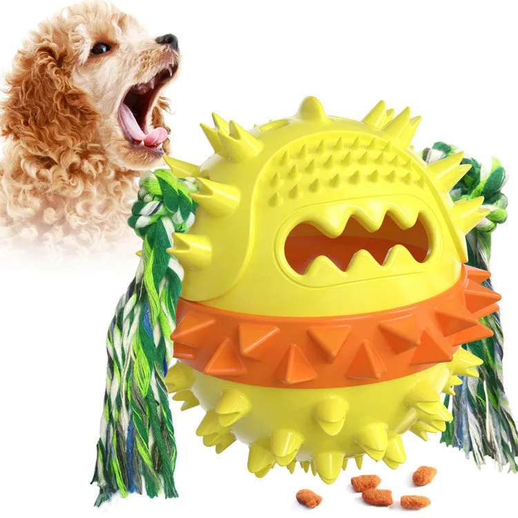 Blue and red TPR rubber dog chew ball with treat hole and rope, for large breed dogs.