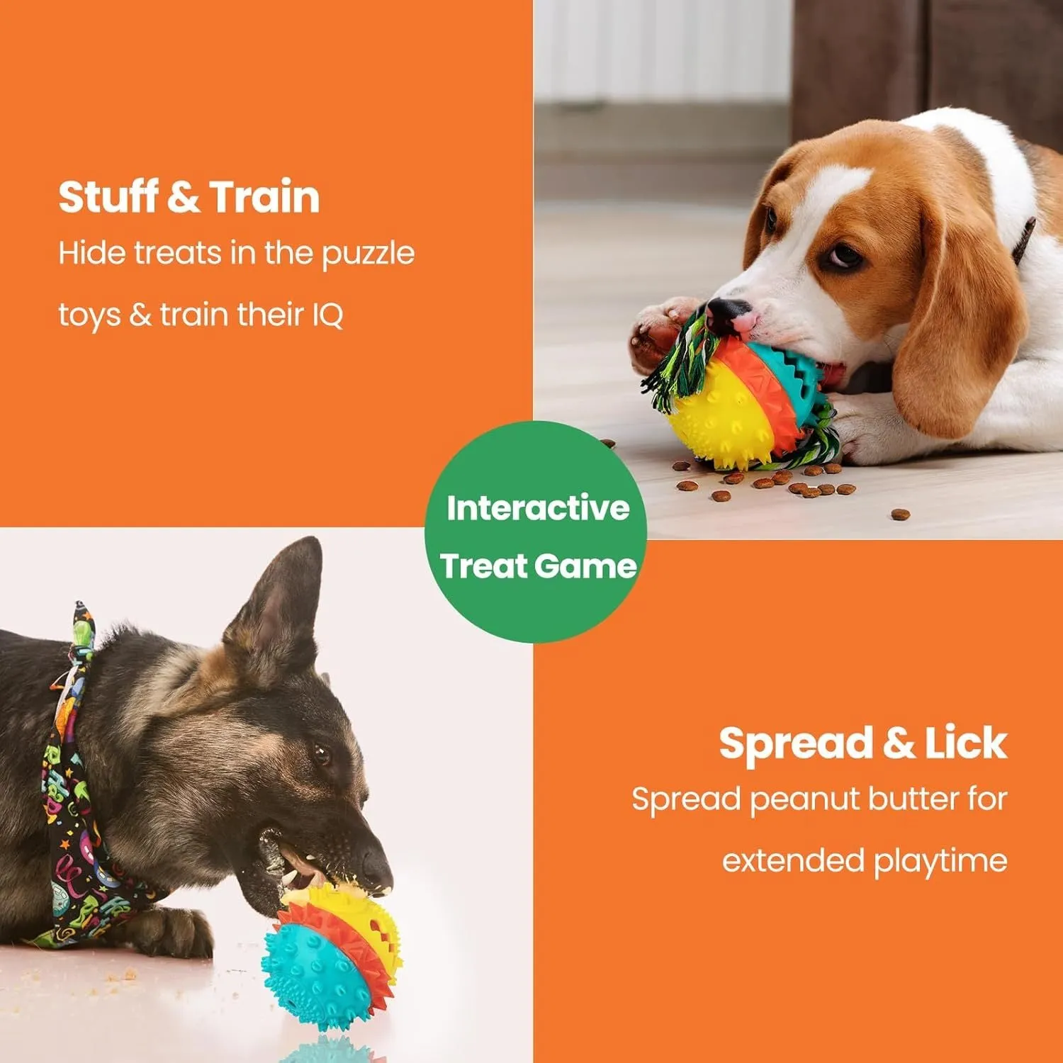 Blue and red TPR rubber dog chew ball with treat hole and rope, for large breed dogs.