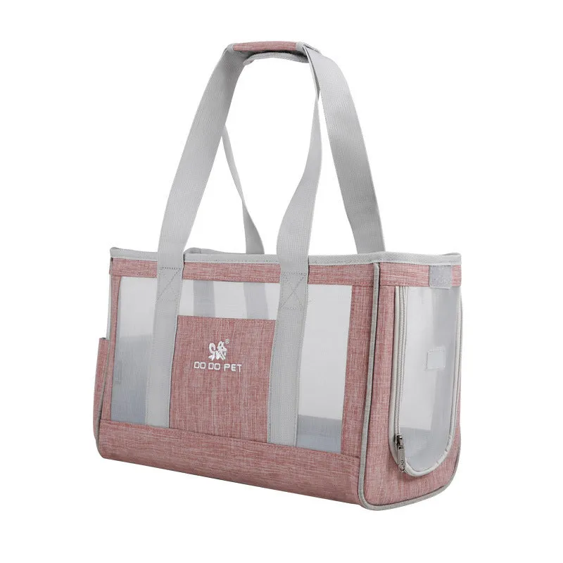 Pet carrier backpack in grey Oxford cloth with breathable mesh panels, large capacity for small dogs or cats