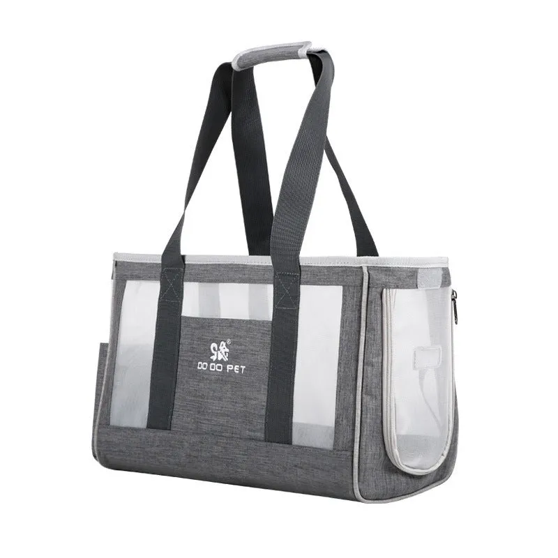 Pet carrier backpack in grey Oxford cloth with breathable mesh panels, large capacity for small dogs or cats