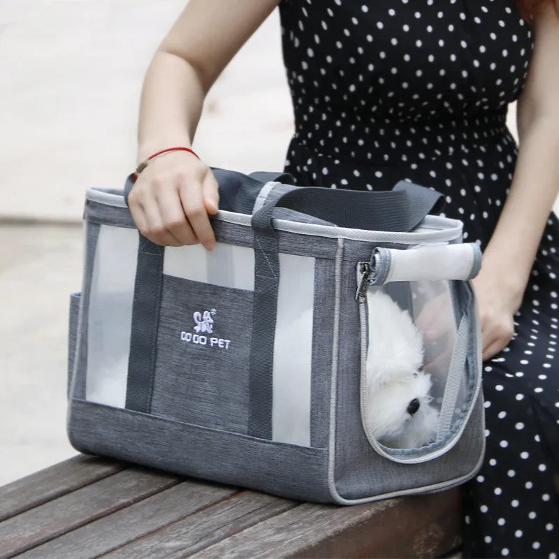 Pet carrier backpack in grey Oxford cloth with breathable mesh panels, large capacity for small dogs or cats