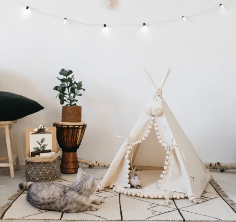 Canvas pet tent bed in teepee style with pine wood frame and removable cushion, suitable for cats and small dogs, size L shown.