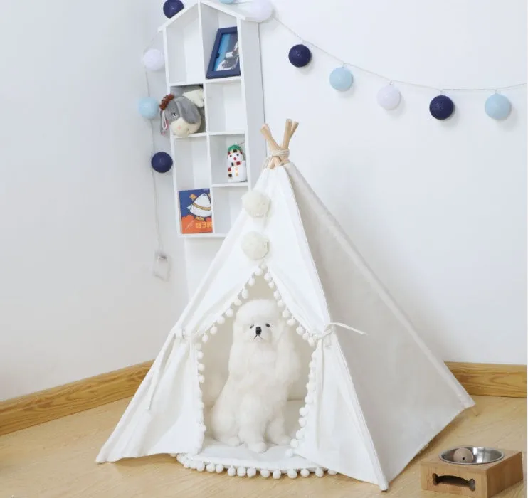 Canvas pet tent bed in teepee style with pine wood frame and removable cushion, suitable for cats and small dogs, size L shown.