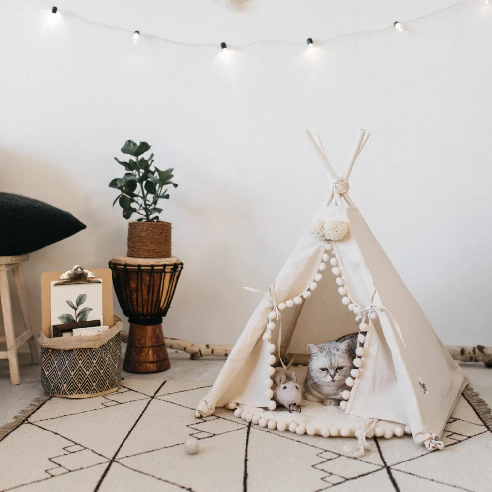Canvas pet tent bed in teepee style with pine wood frame and removable cushion, suitable for cats and small dogs, size L shown.