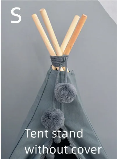 Canvas pet tent bed in teepee style with pine wood frame and removable cushion, suitable for cats and small dogs, size L shown.