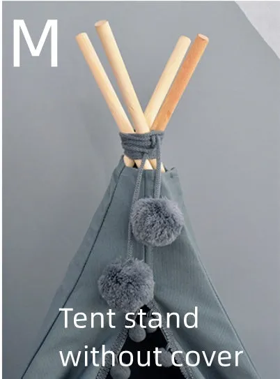 Canvas pet tent bed in teepee style with pine wood frame and removable cushion, suitable for cats and small dogs, size L shown.