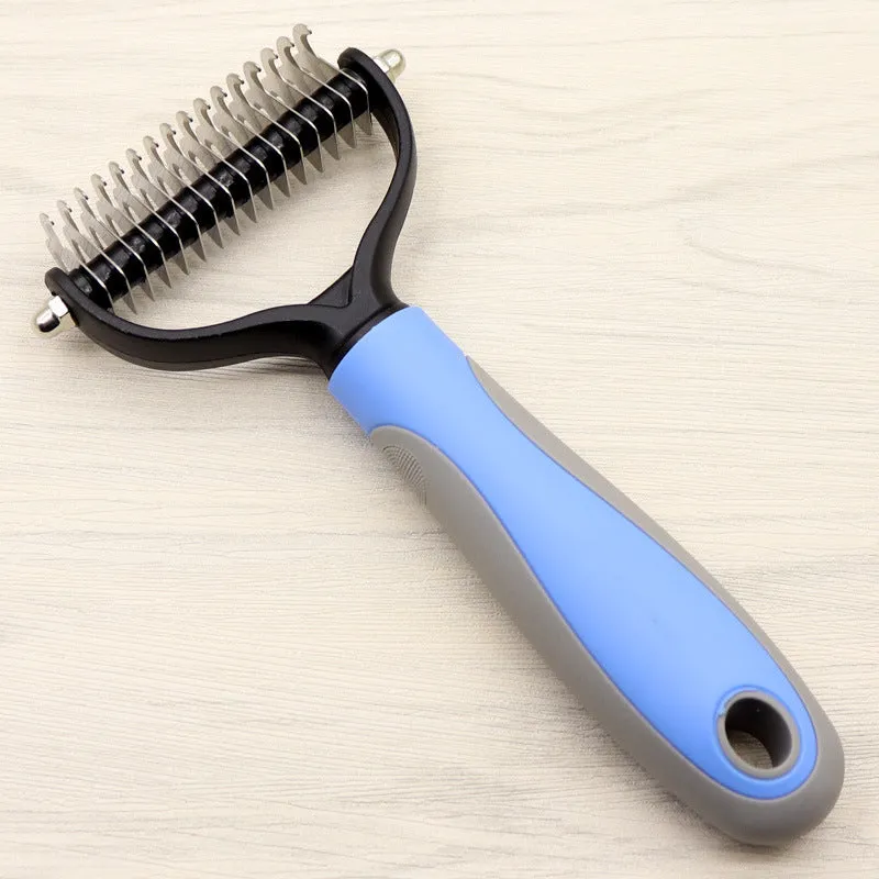 Pet long-haired dog knot comb with double-sided blade in blue colour, small size, with stainless steel needles and TPR handle
