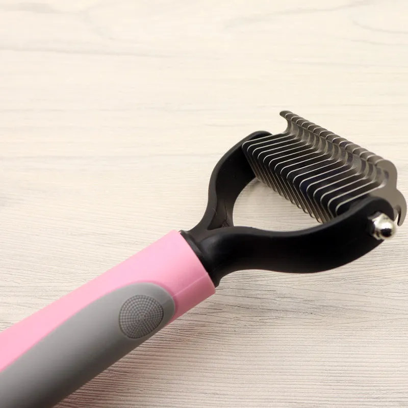 Pet long-haired dog knot comb with double-sided blade in blue colour, small size, with stainless steel needles and TPR handle