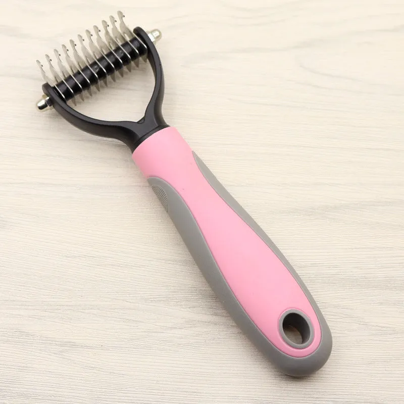 Pet long-haired dog knot comb with double-sided blade in blue colour, small size, with stainless steel needles and TPR handle
