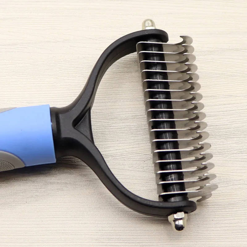 Pet long-haired dog knot comb with double-sided blade in blue colour, small size, with stainless steel needles and TPR handle