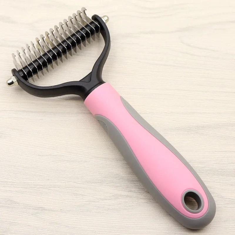 Pet long-haired dog knot comb with double-sided blade in blue colour, small size, with stainless steel needles and TPR handle