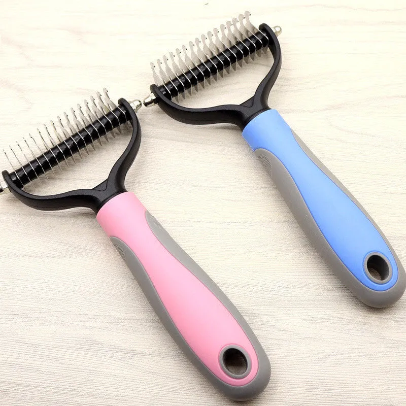 Pet long-haired dog knot comb with double-sided blade in blue colour, small size, with stainless steel needles and TPR handle