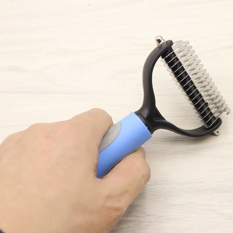 Pet long-haired dog knot comb with double-sided blade in blue colour, small size, with stainless steel needles and TPR handle