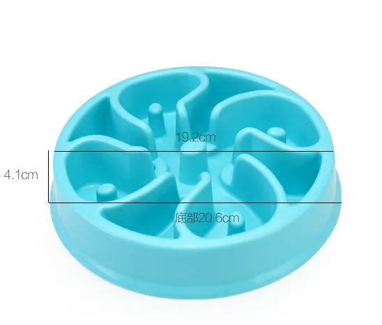 Anti-choke plastic dog bowl in blue, raised interior design, 20cm size for healthy slow feeding