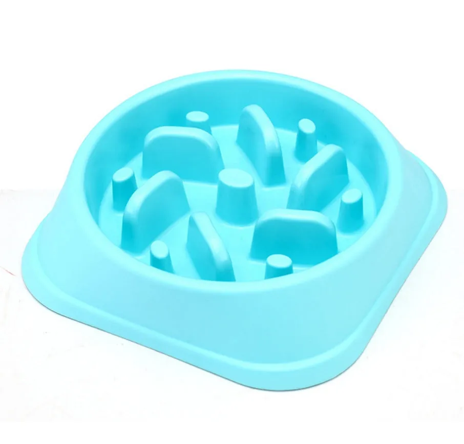 Anti-choke plastic dog bowl in blue, raised interior design, 20cm size for healthy slow feeding