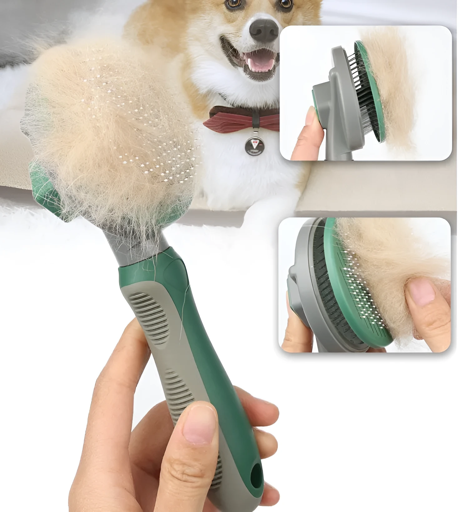 Automatic hair removal comb in green with stainless steel coarse needles, plastic and TPR body on white background