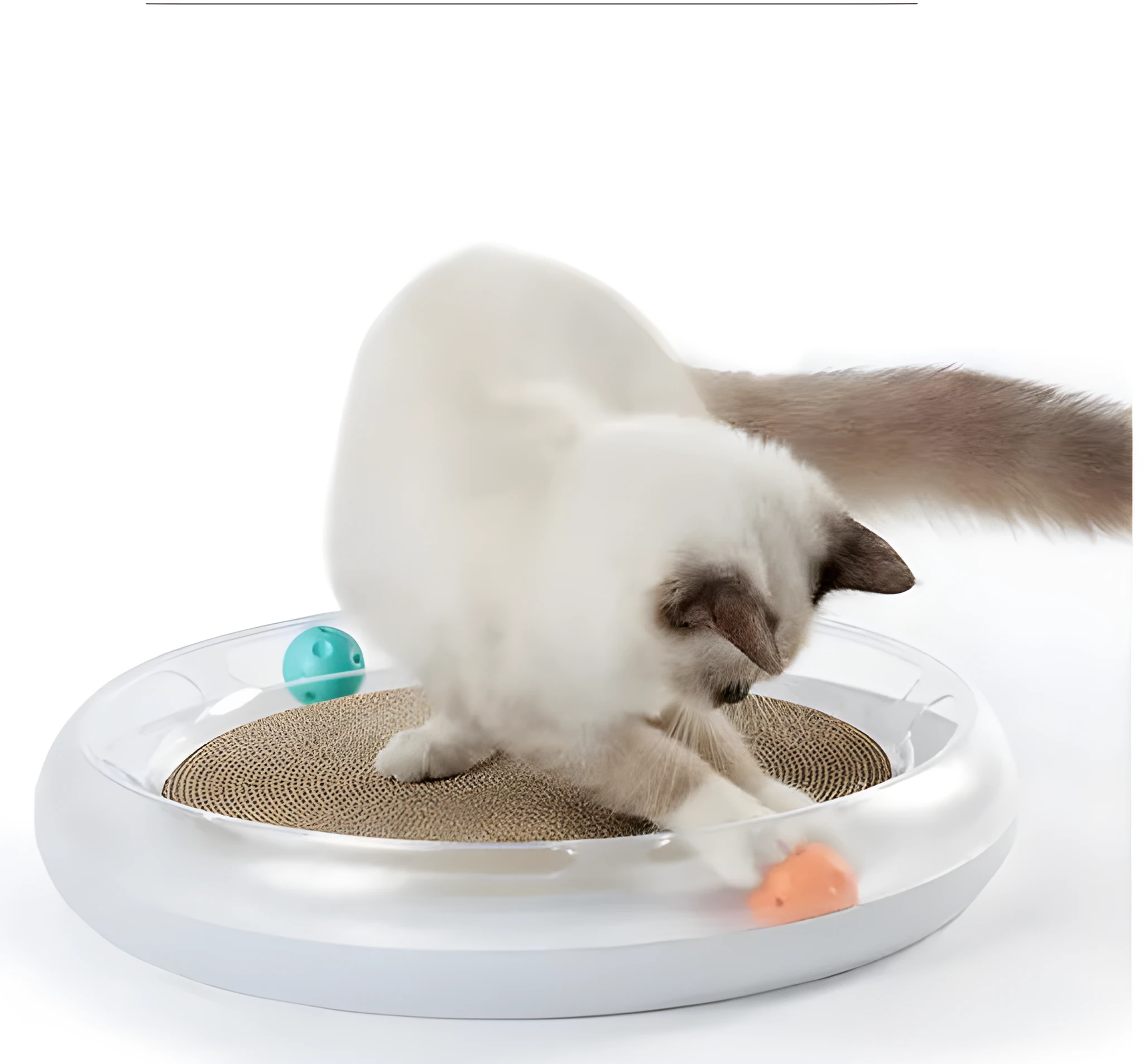 Multi-function cat scratch board with corrugated paper surface, two planet toys, and bag of catnip on floor