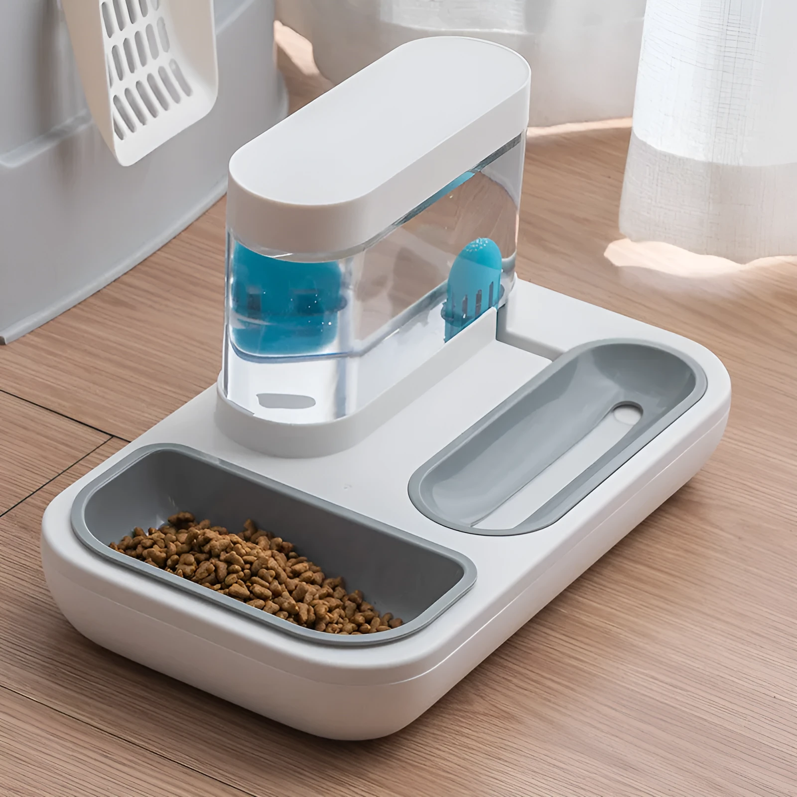 Automatic pet cat feeder water dispenser with double bowls, 1500ml, white and blue colours
