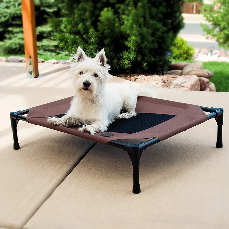 Coffee-coloured Oxford cloth pet bed on a painted metal tube frame, with removable washable surface, available in three sizes.