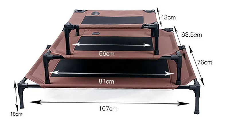 Coffee-coloured Oxford cloth pet bed on a painted metal tube frame, with removable washable surface, available in three sizes.