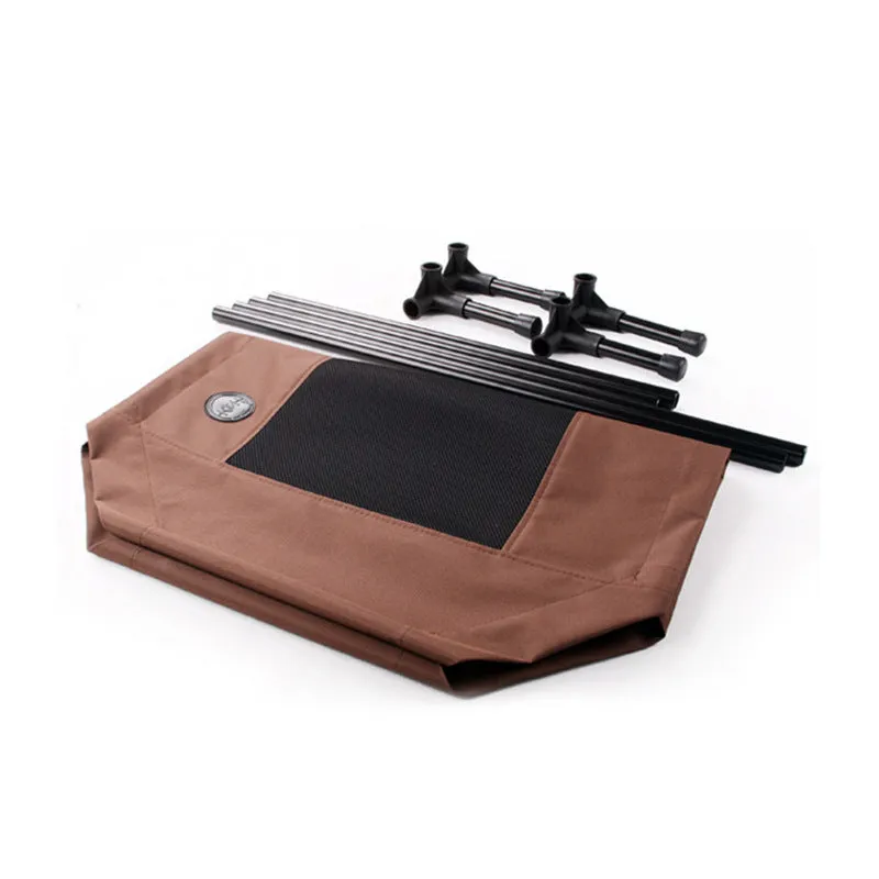 Coffee-coloured Oxford cloth pet bed on a painted metal tube frame, with removable washable surface, available in three sizes.