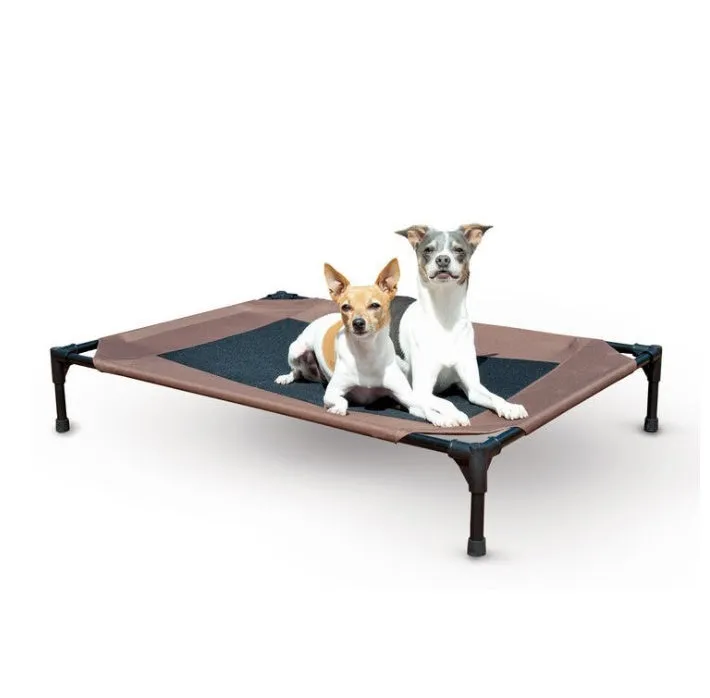 Coffee-coloured Oxford cloth pet bed on a painted metal tube frame, with removable washable surface, available in three sizes.