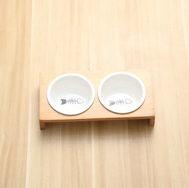 Bamboo frame cat dog feeder bowls with ceramic bowls in single double and triple configurations