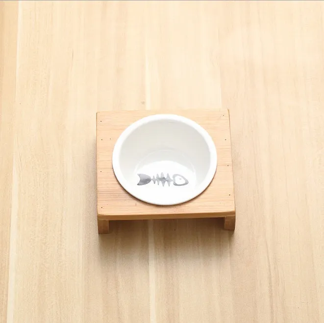 Bamboo frame cat dog feeder bowls with ceramic bowls in single double and triple configurations