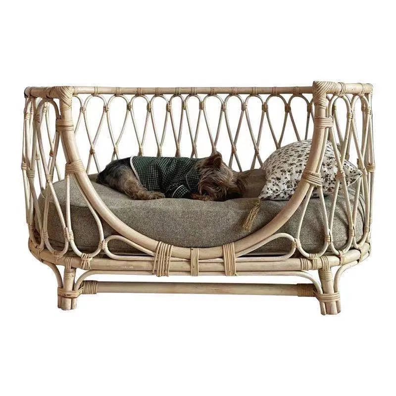 Handmade rattan woven pet bed for dogs and cats in natural brown colour
