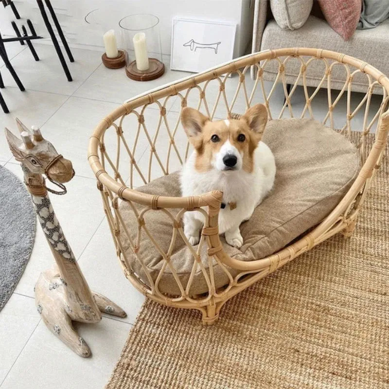 Handmade rattan woven pet bed for dogs and cats in natural brown colour