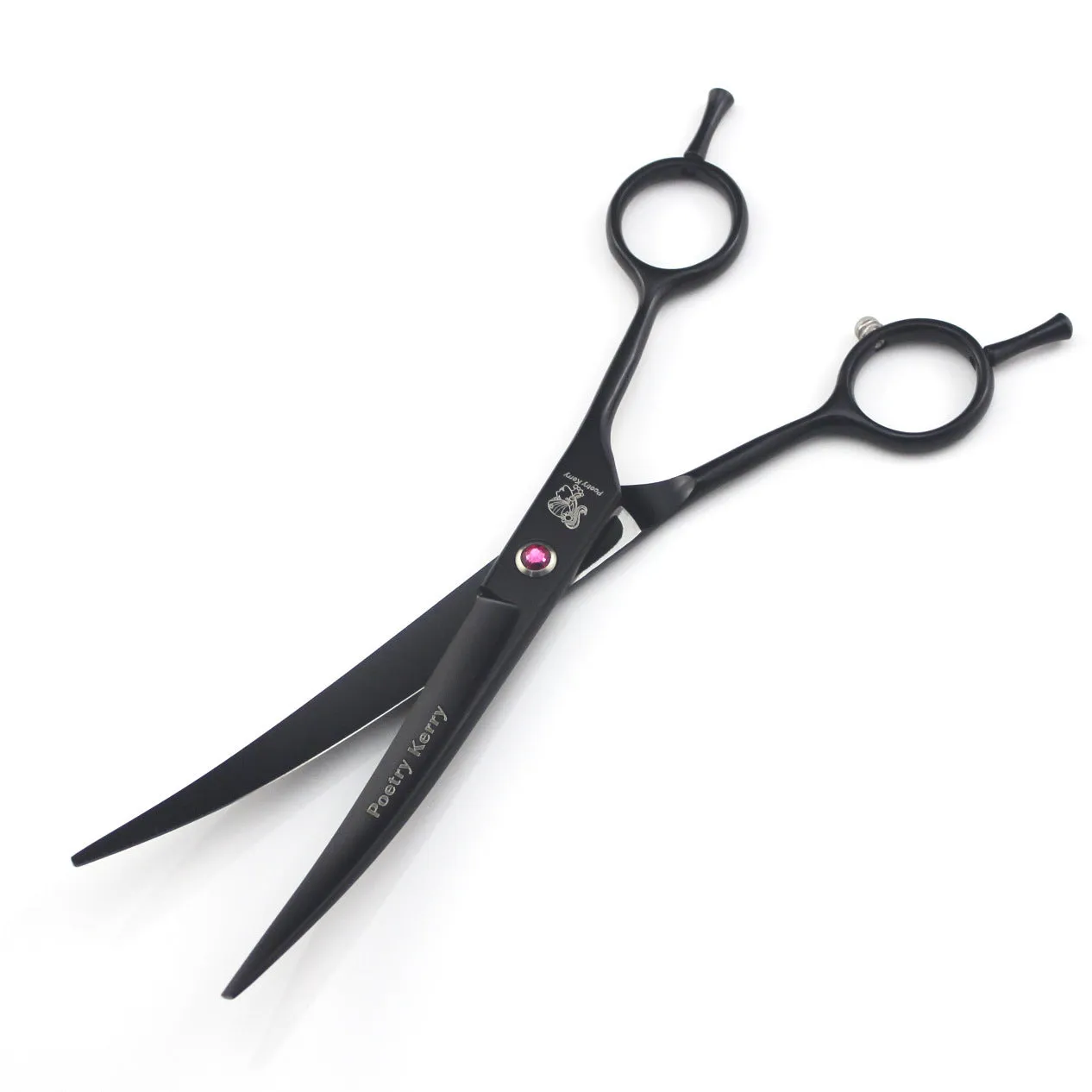 Pet grooming scissors set with straight, curved, and texturing blades in black stainless steel