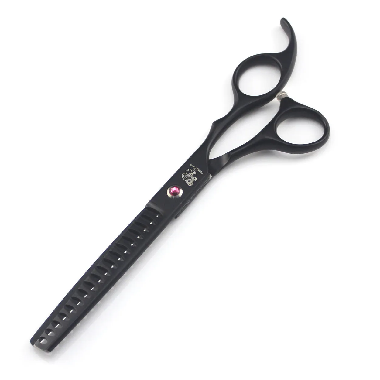 Pet grooming scissors set with straight, curved, and texturing blades in black stainless steel