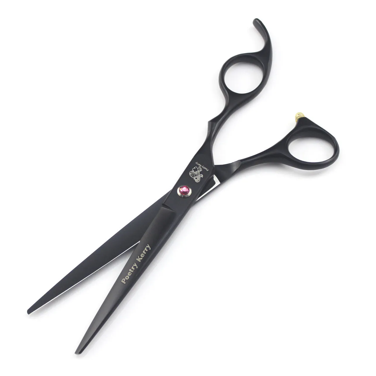 Pet grooming scissors set with straight, curved, and texturing blades in black stainless steel