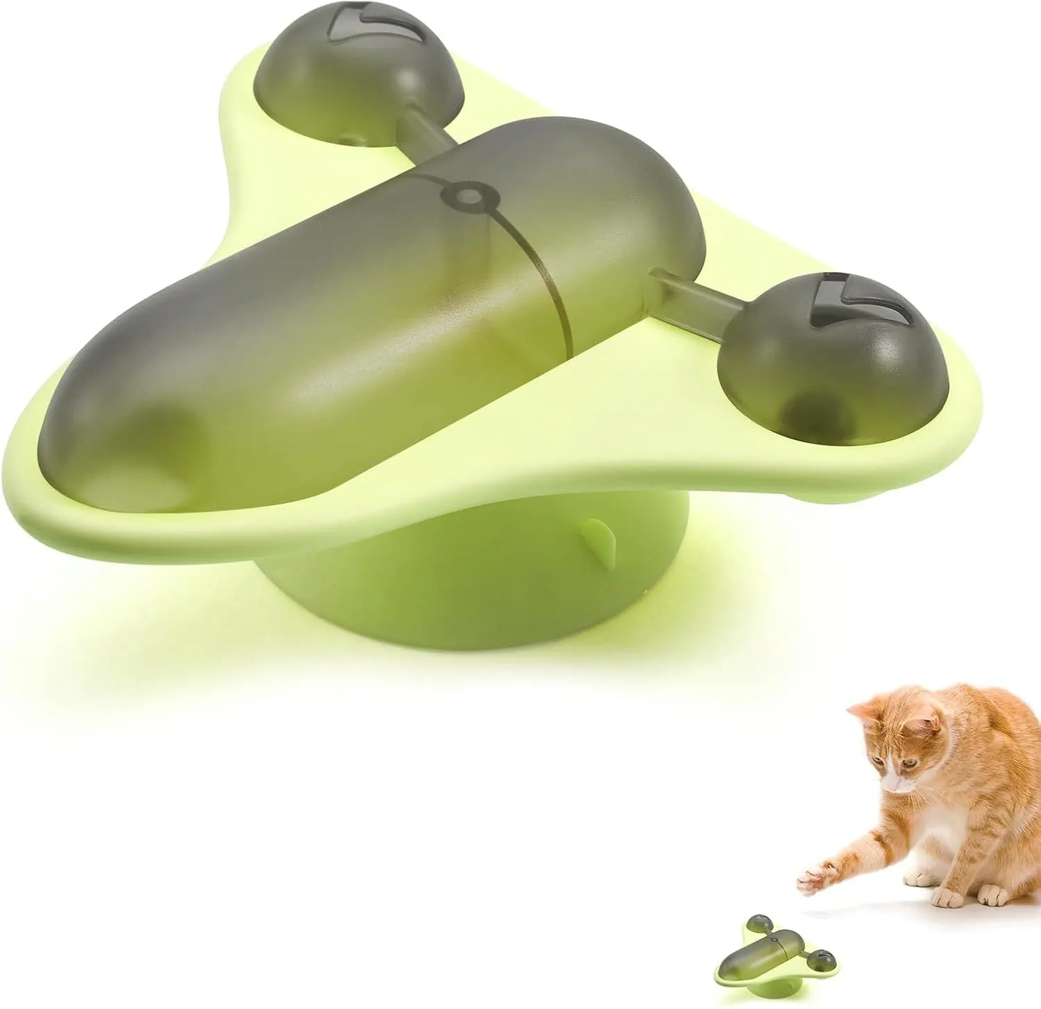 Blue interactive pet puzzle toy with bell and catnip attachments on smooth floor surface