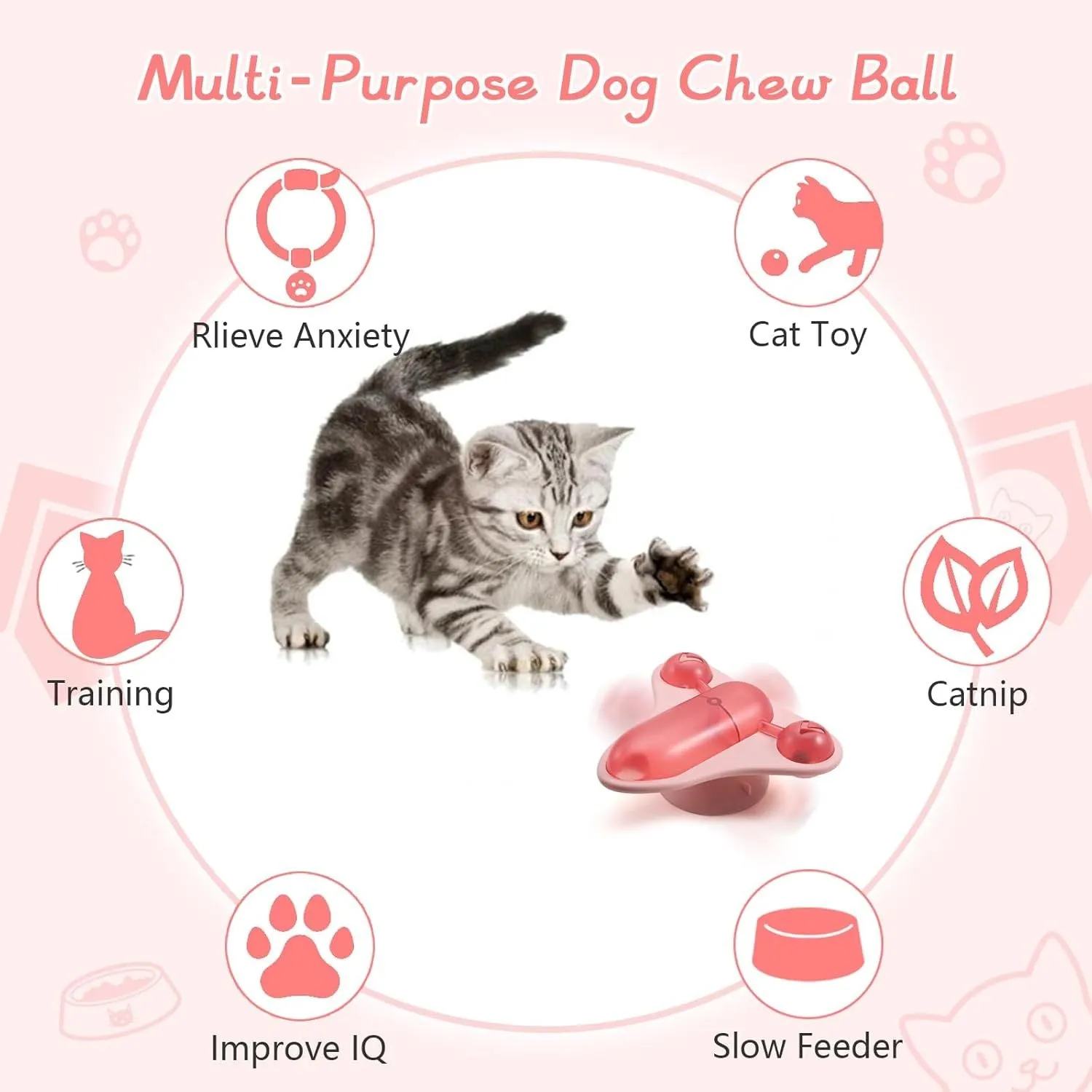 Blue interactive pet puzzle toy with bell and catnip attachments on smooth floor surface