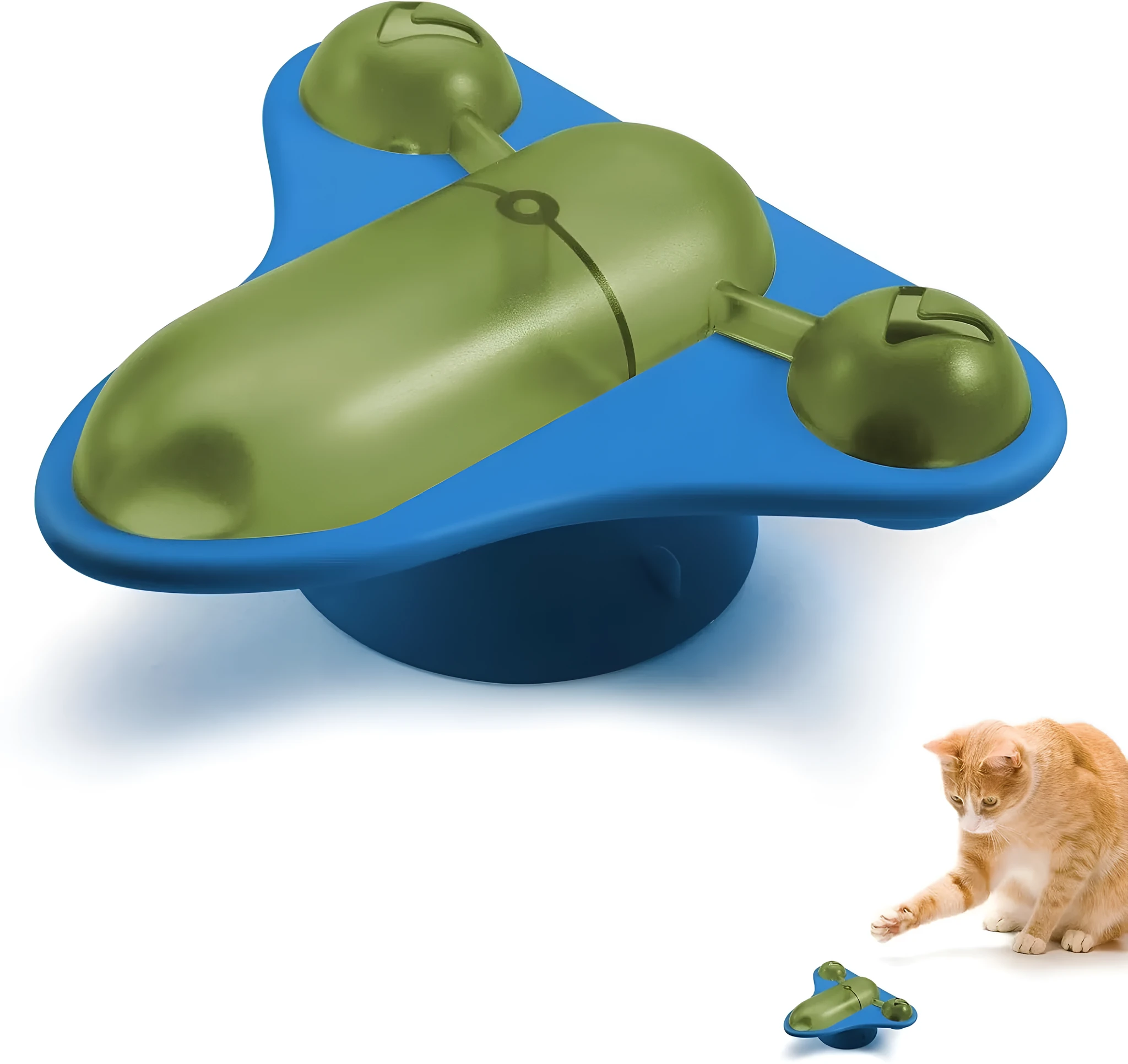 Blue interactive pet puzzle toy with bell and catnip attachments on smooth floor surface