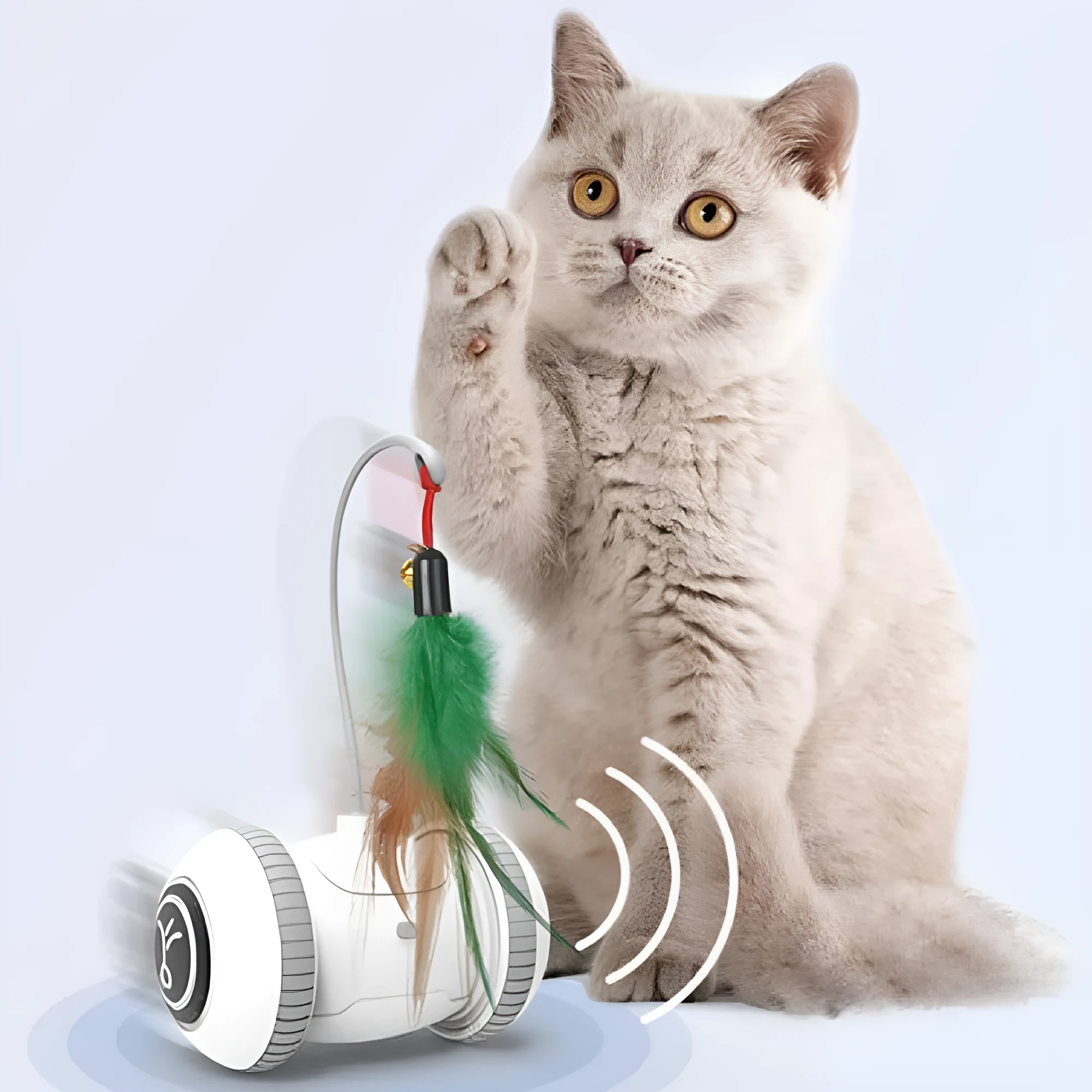 White and grey automatic interactive cat toy with interchangeable feather accessory on a floor, USB cable attached