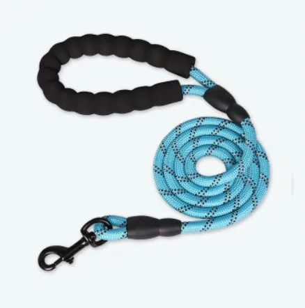 Reflective nylon dog leash in fluorescent green on a black background, showing reflective stripes along the lead.
