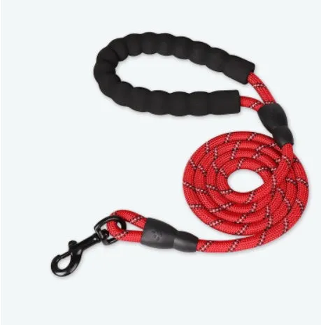 Reflective nylon dog leash in fluorescent green on a black background, showing reflective stripes along the lead.