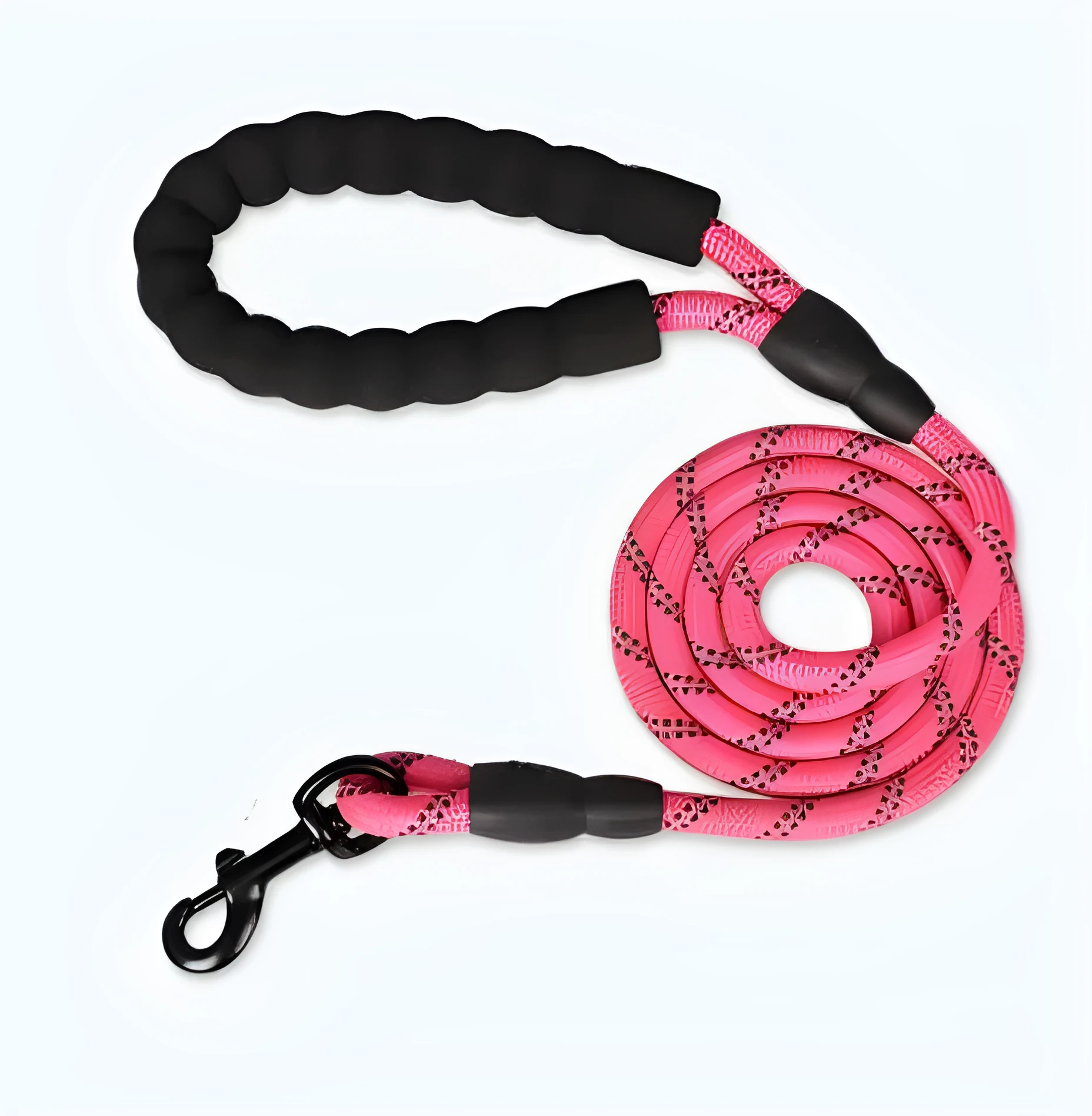 Reflective nylon dog leash in fluorescent green on a black background, showing reflective stripes along the lead.